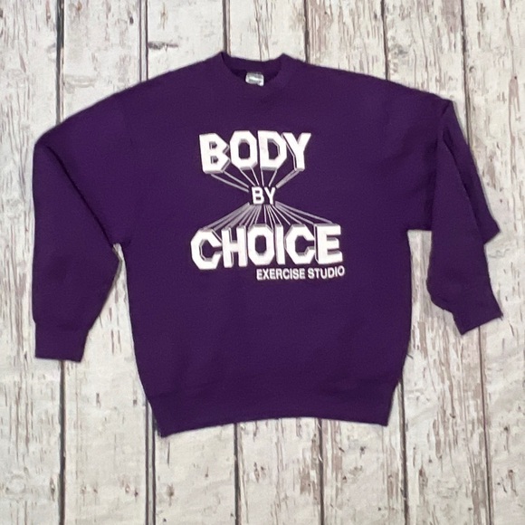 Vintage 80s Body By Choice Exercise Studio Purple Crewneck Pullover Sweatshirt - Picture 1 of 4